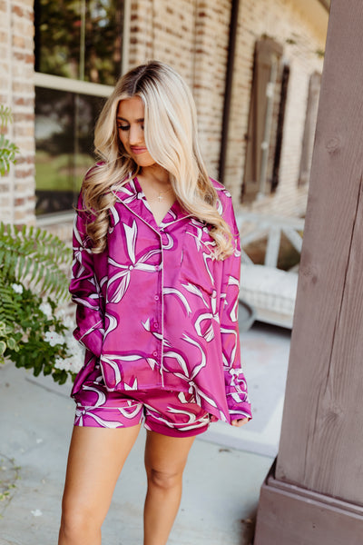 Dark Rose and Pink Bow Satin Long Sleeve Pajama Set