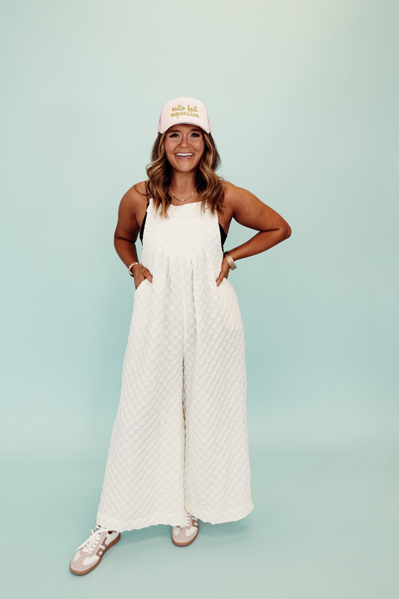 Oatmeal Checker Detail Wide Leg Overalls