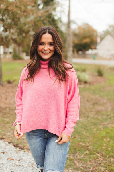 Hot Pink Knit Turtleneck Sweater