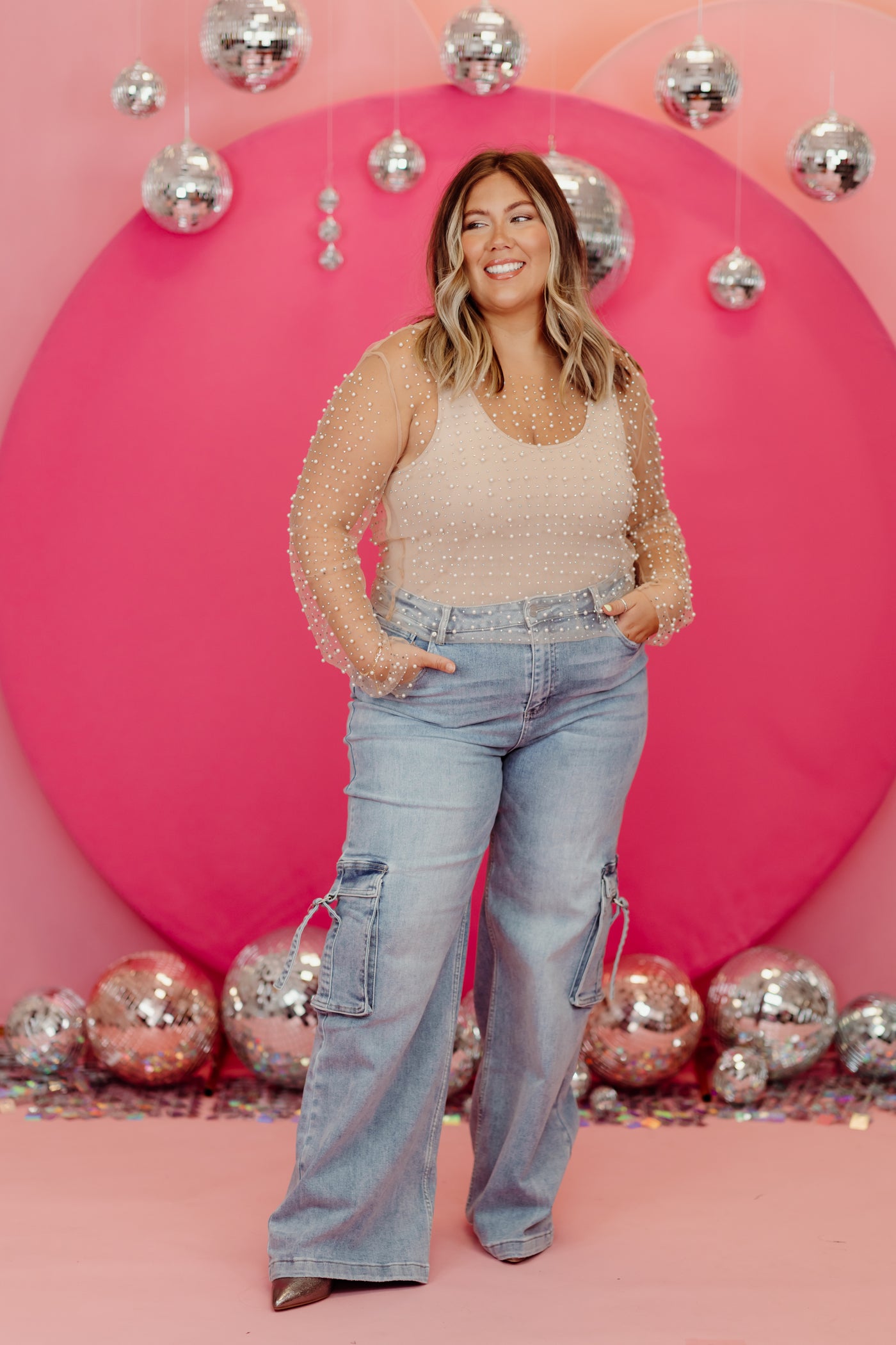 Beige Pearl Beaded Mesh Top