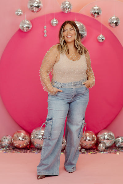 Beige Pearl Beaded Mesh Top