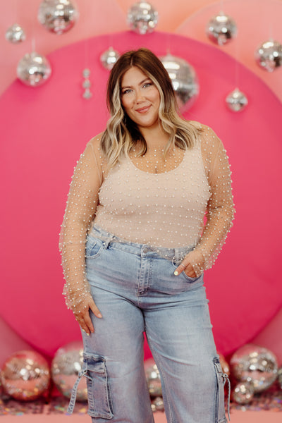 Beige Pearl Beaded Mesh Top