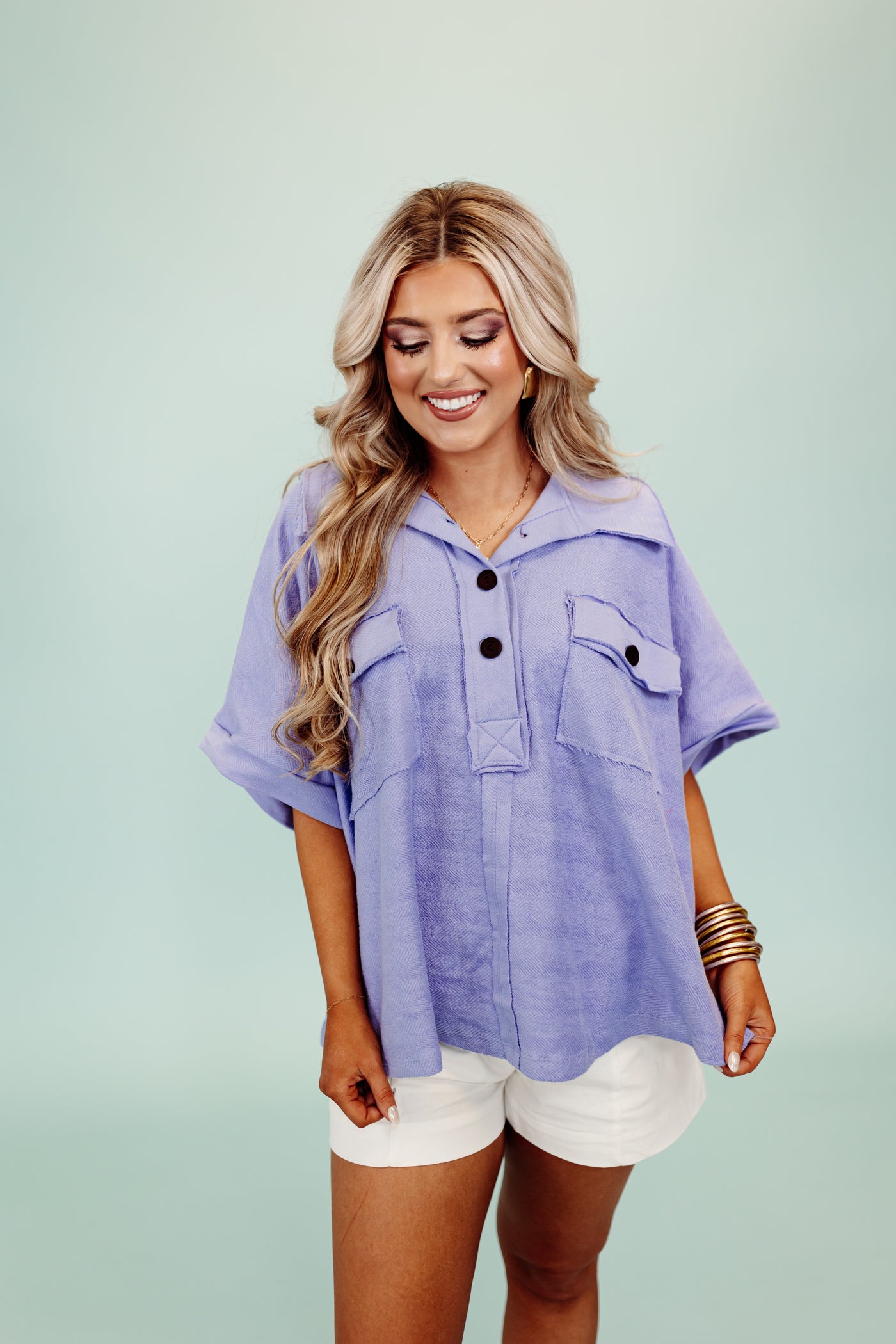 Periwinkle French Terry Collared Loose Fit Top