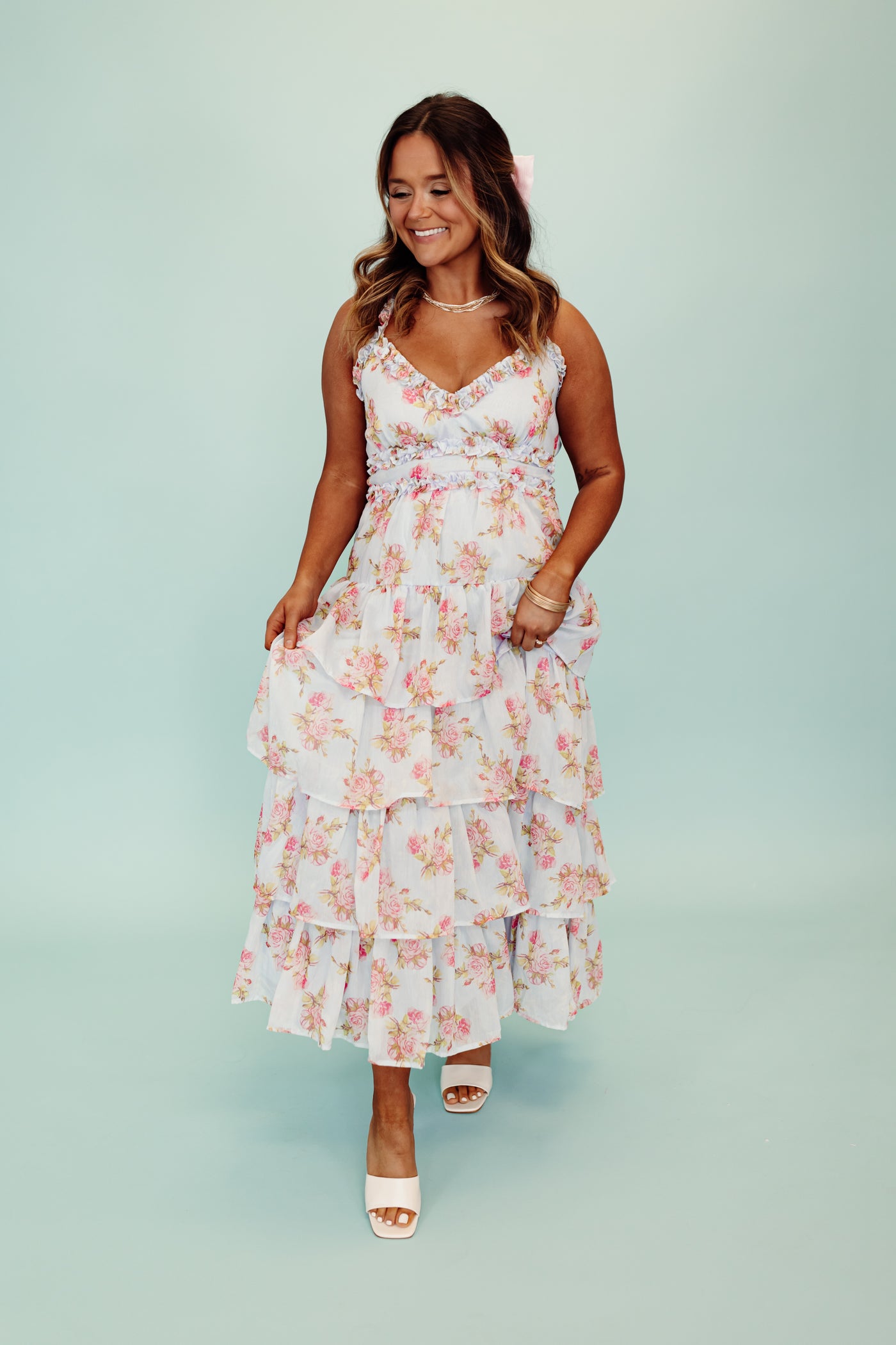 Baby Blue Pink Floral Tiered Maxi Dress