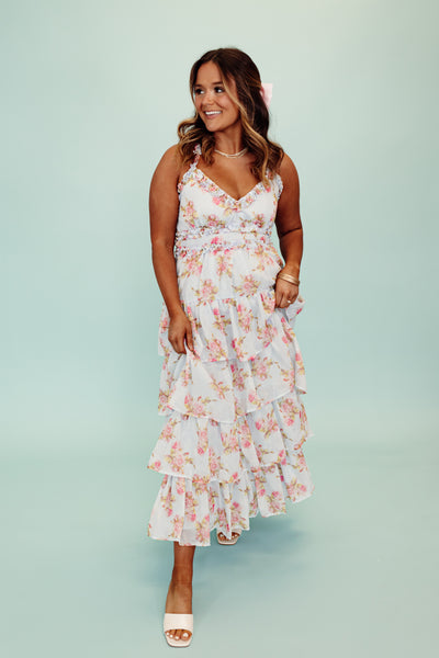 Baby Blue Pink Floral Tiered Maxi Dress