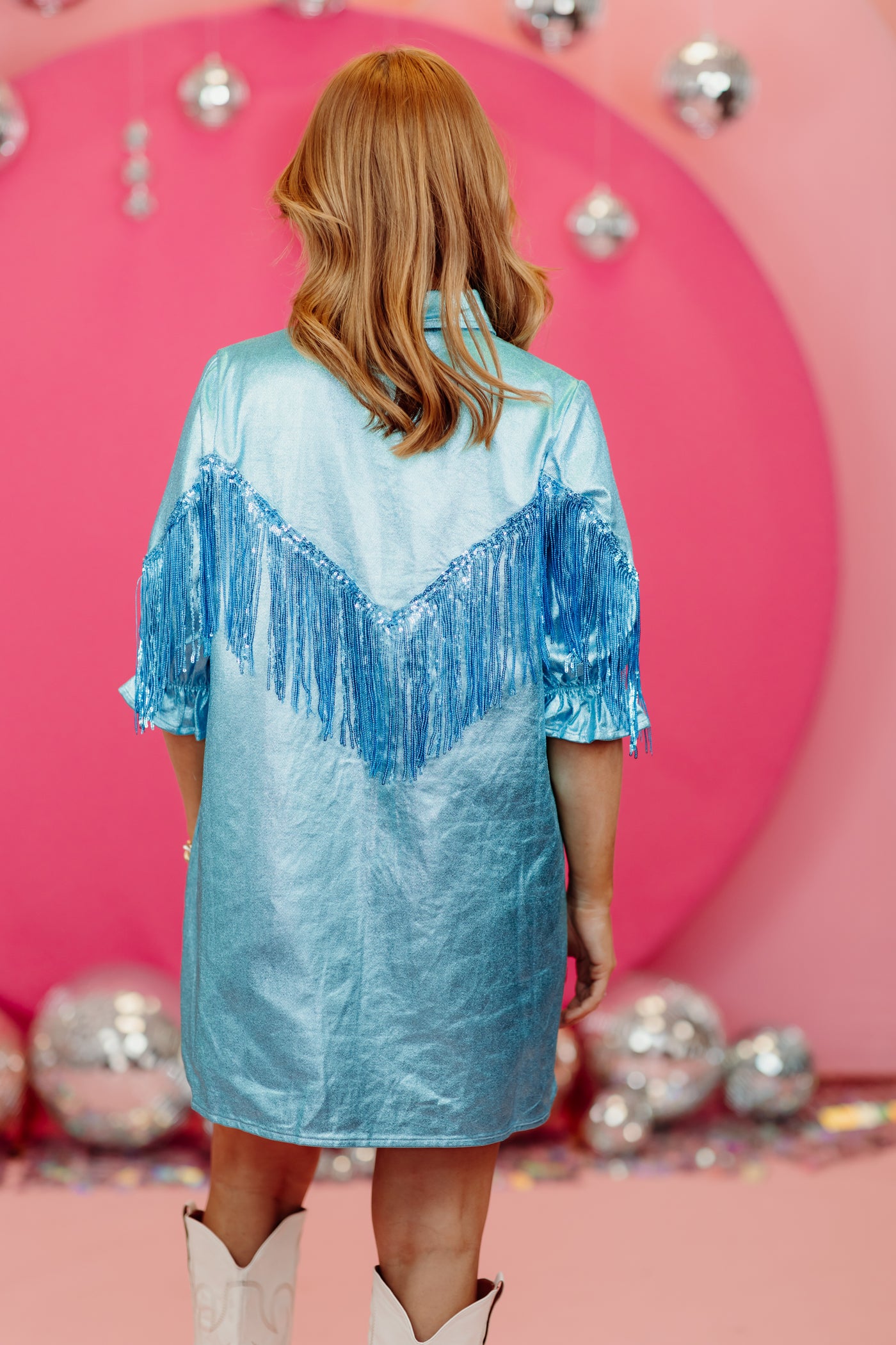 Sky Blue Metallic Button Down Fringe Dress