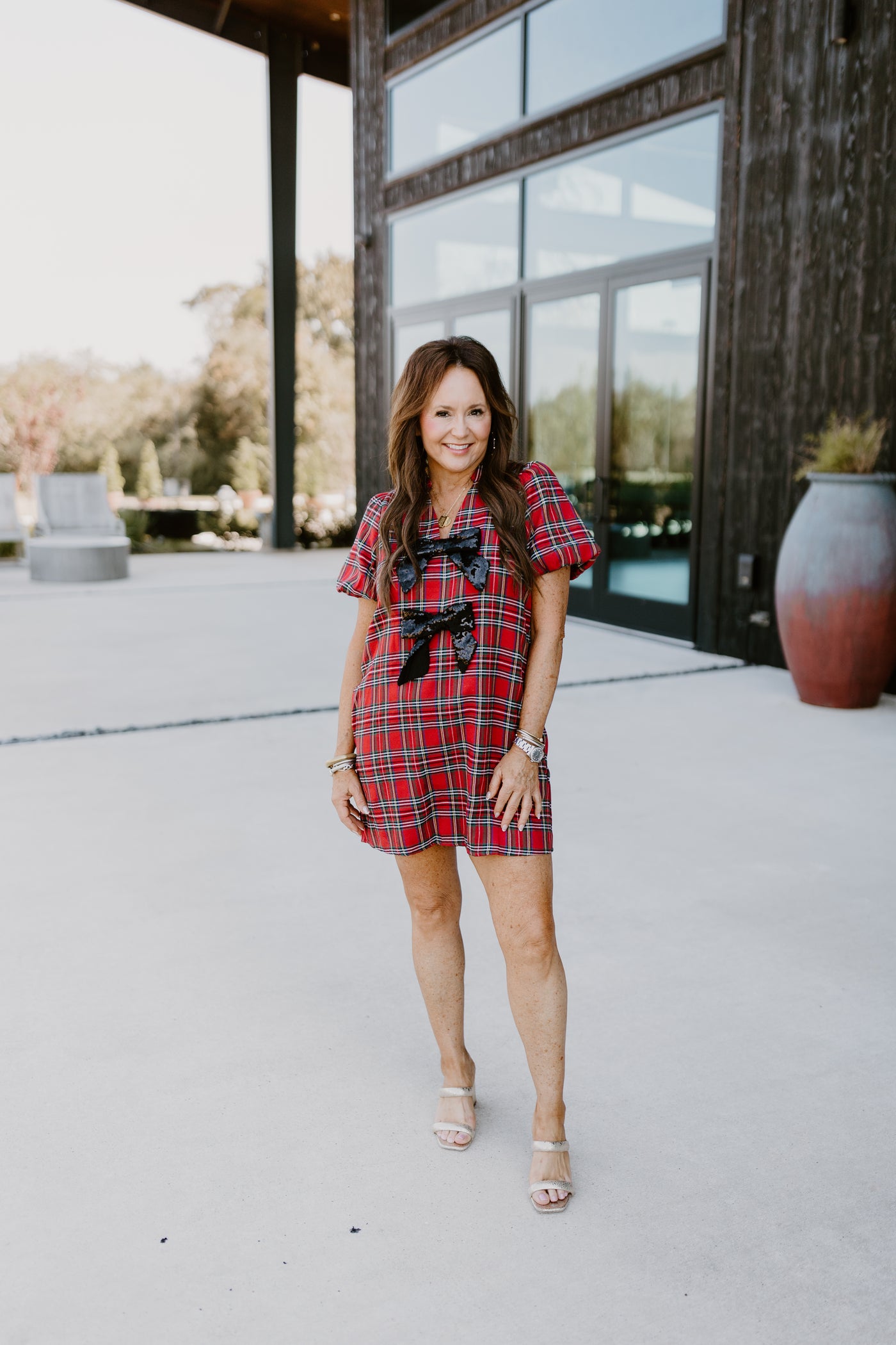 Red Plaid Sequin Bow Detail Mini Dress