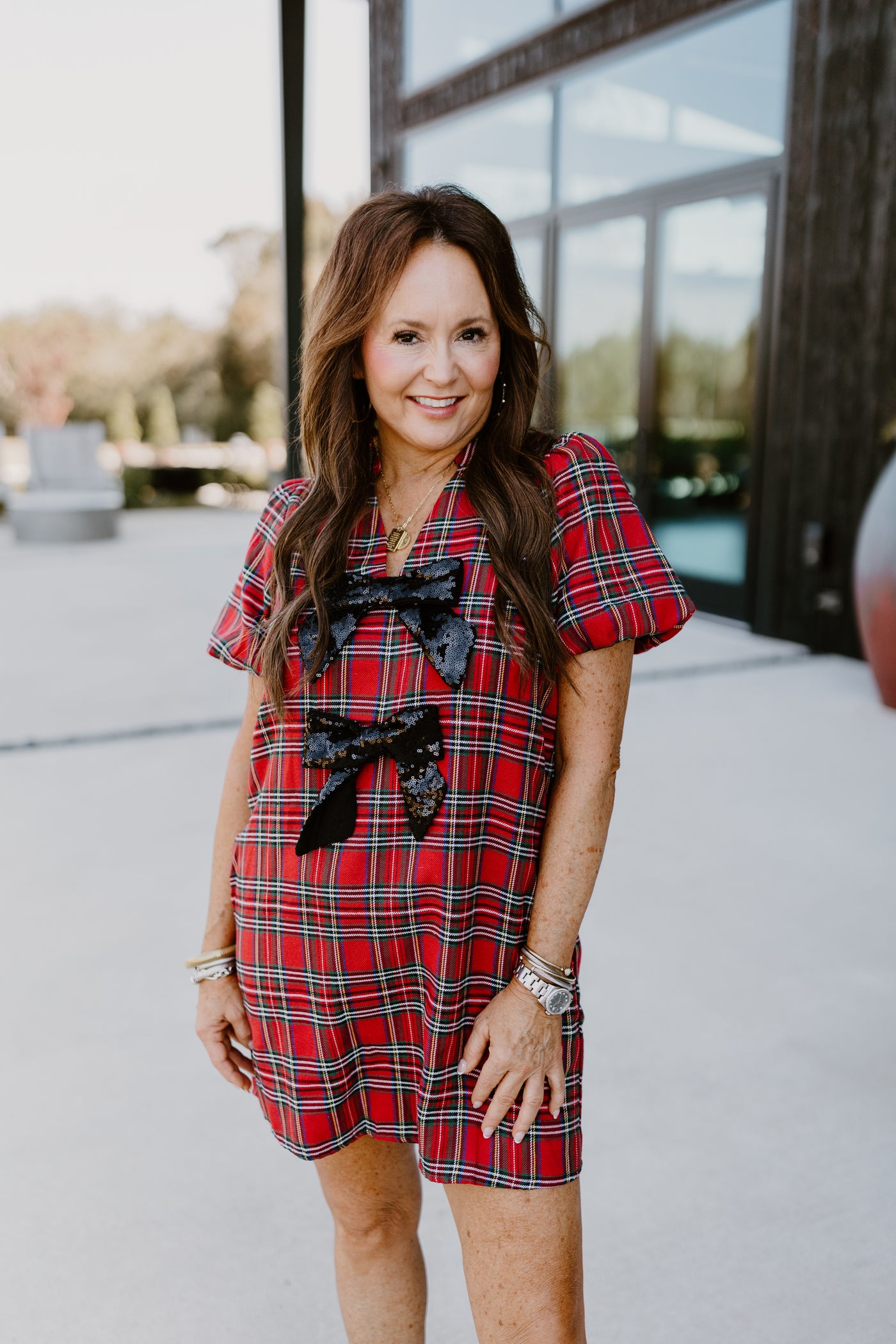 Red Plaid Sequin Bow Detail Mini Dress