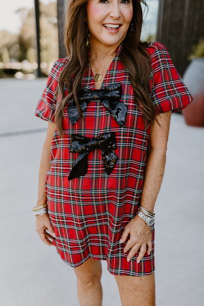 Red Plaid Sequin Bow Detail Mini Dress