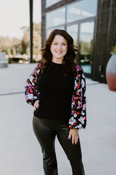 Black Floral Sequin Sleeve Sweater