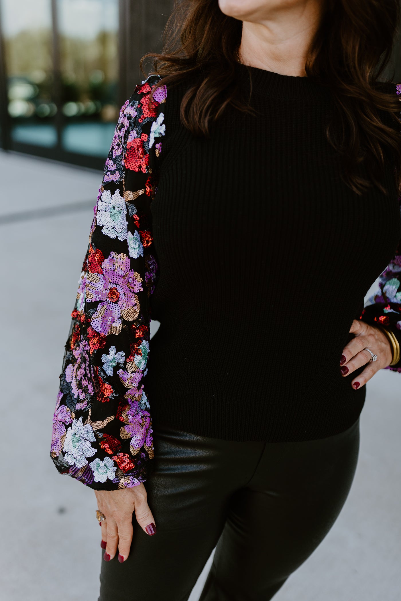 Black Floral Sequin Sleeve Sweater