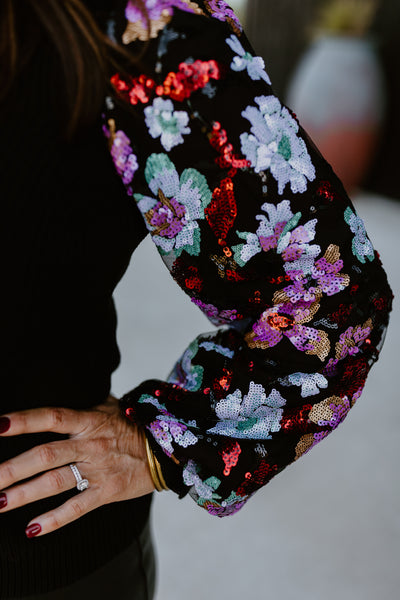 Black Floral Sequin Sleeve Sweater