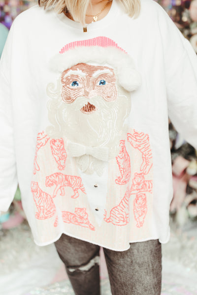 Queen Of Sparkles White & Hot Pink Tiger Blazer Santa Sweatshirt