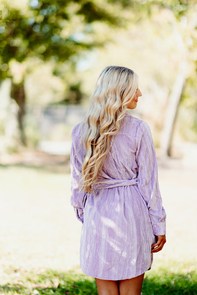 Lavender Crushed Velvet Button Down Belted Dress