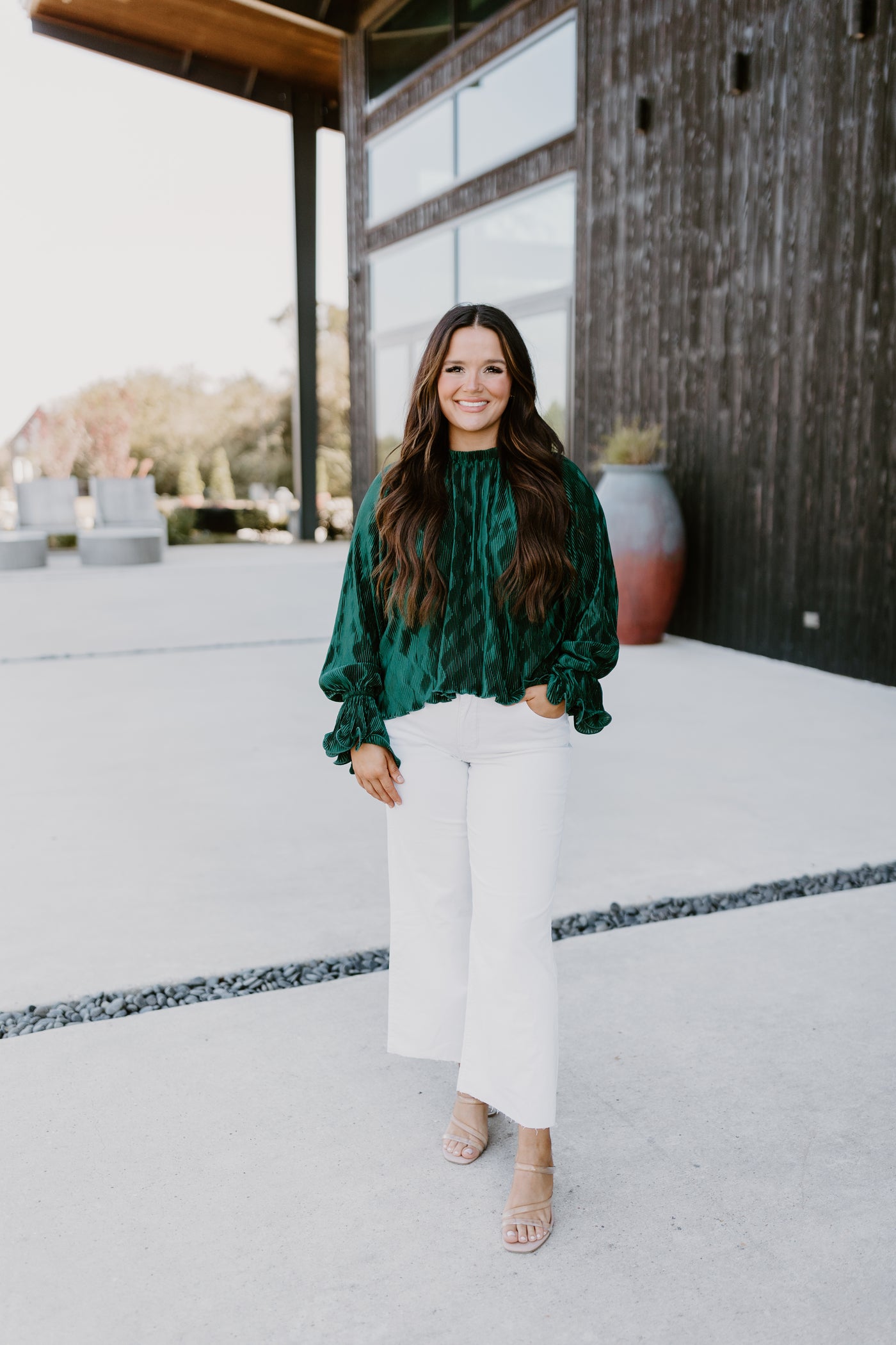 Hunter Green Pleated Ruffle Top