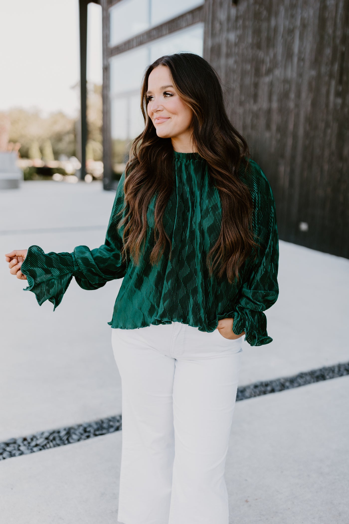 Hunter Green Pleated Ruffle Top