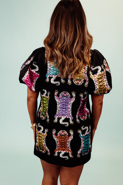 Queen Of Sparkles Black Scattered Rainbow Tiger Poof Sleeve Dress