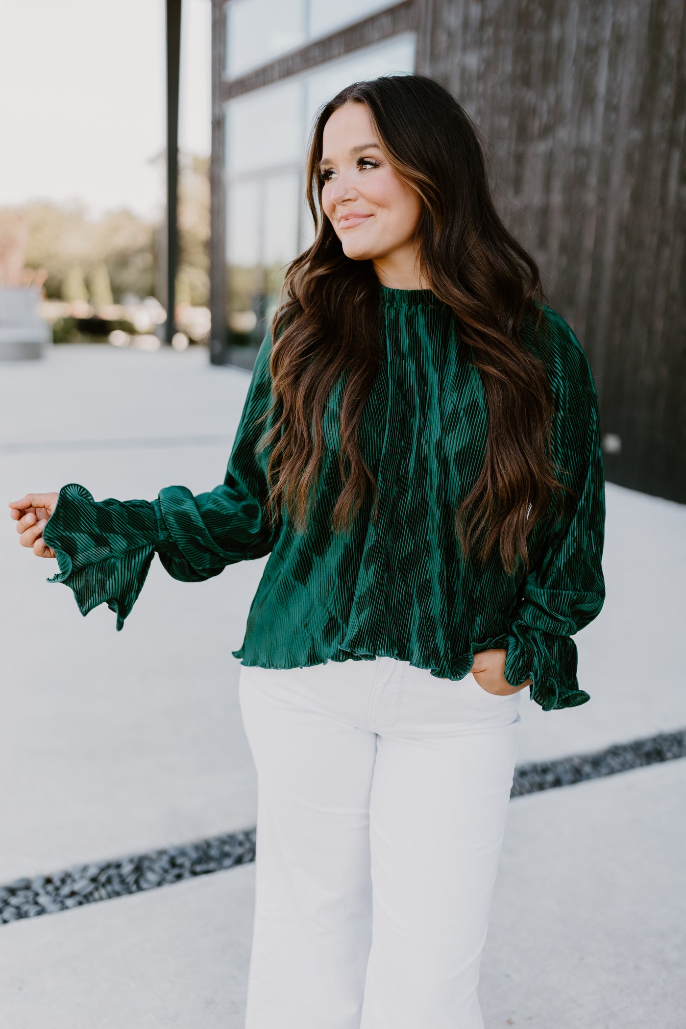 Hunter Green Pleated Ruffle Top