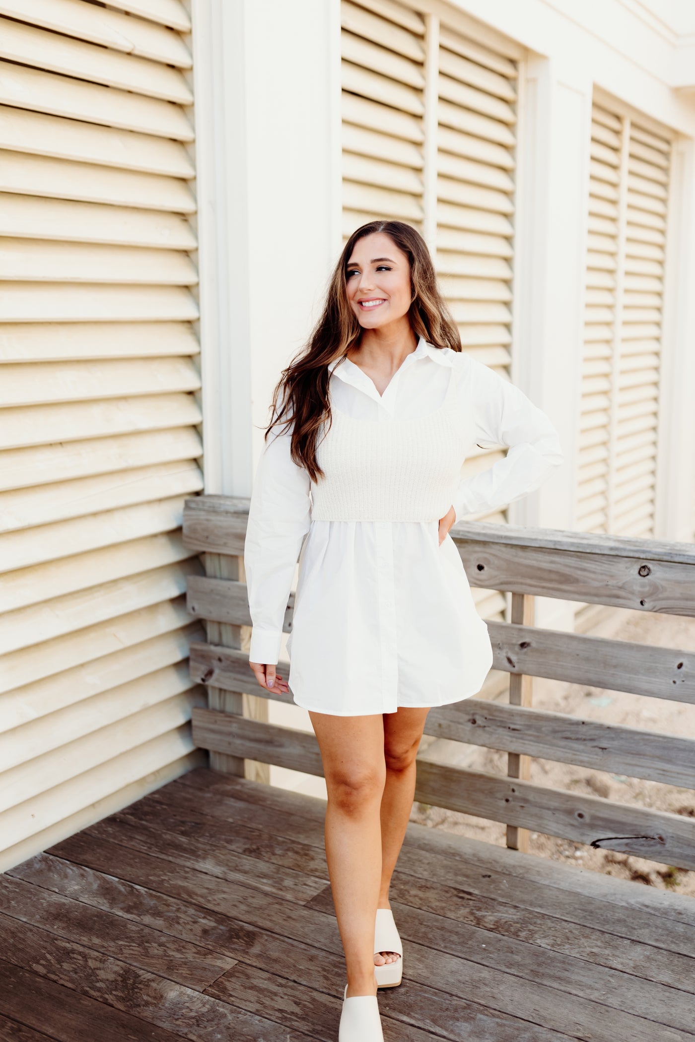 White Button Down Dress With Cream Knit Tank Overlay