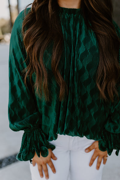 Hunter Green Pleated Ruffle Top