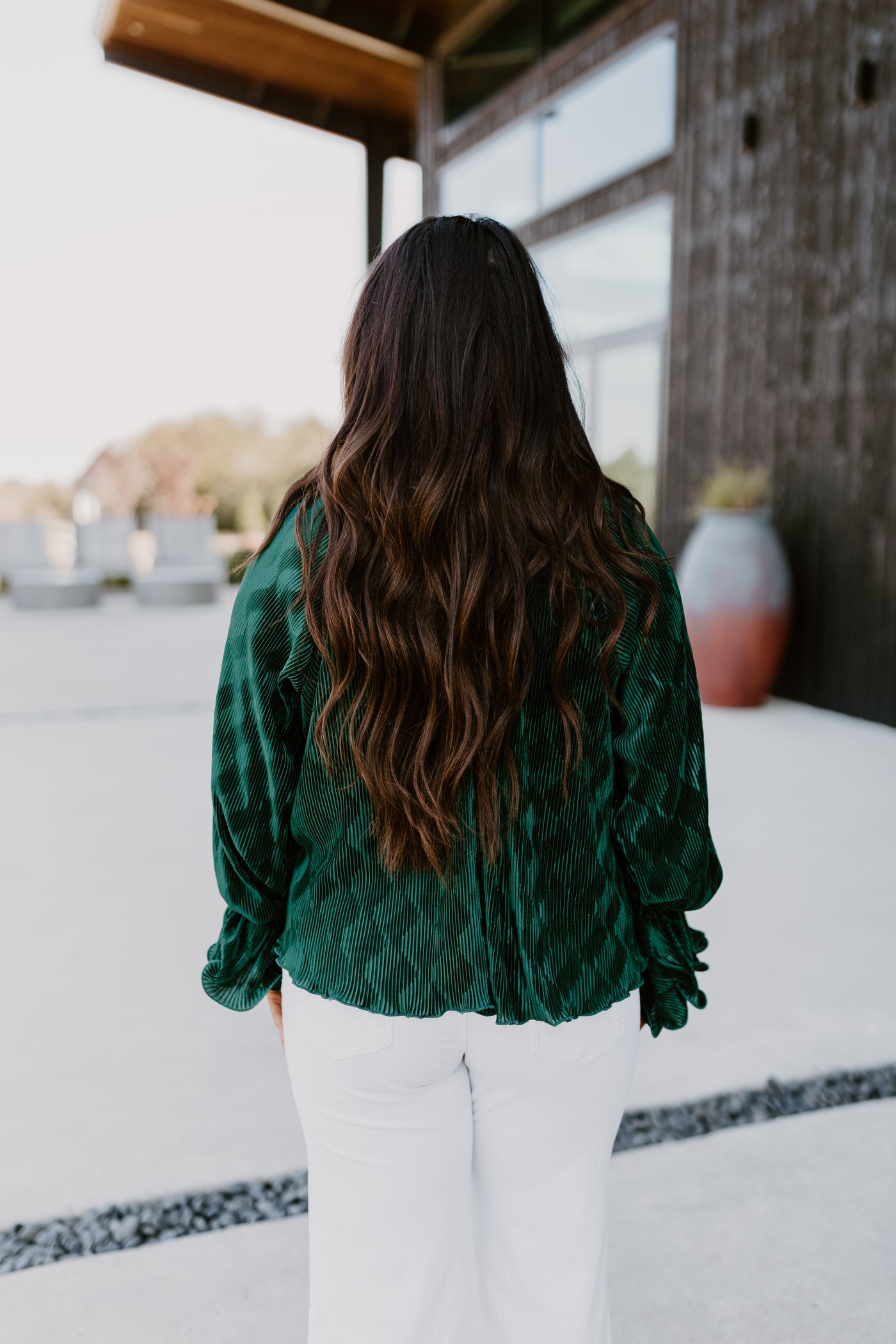 Hunter Green Pleated Ruffle Top