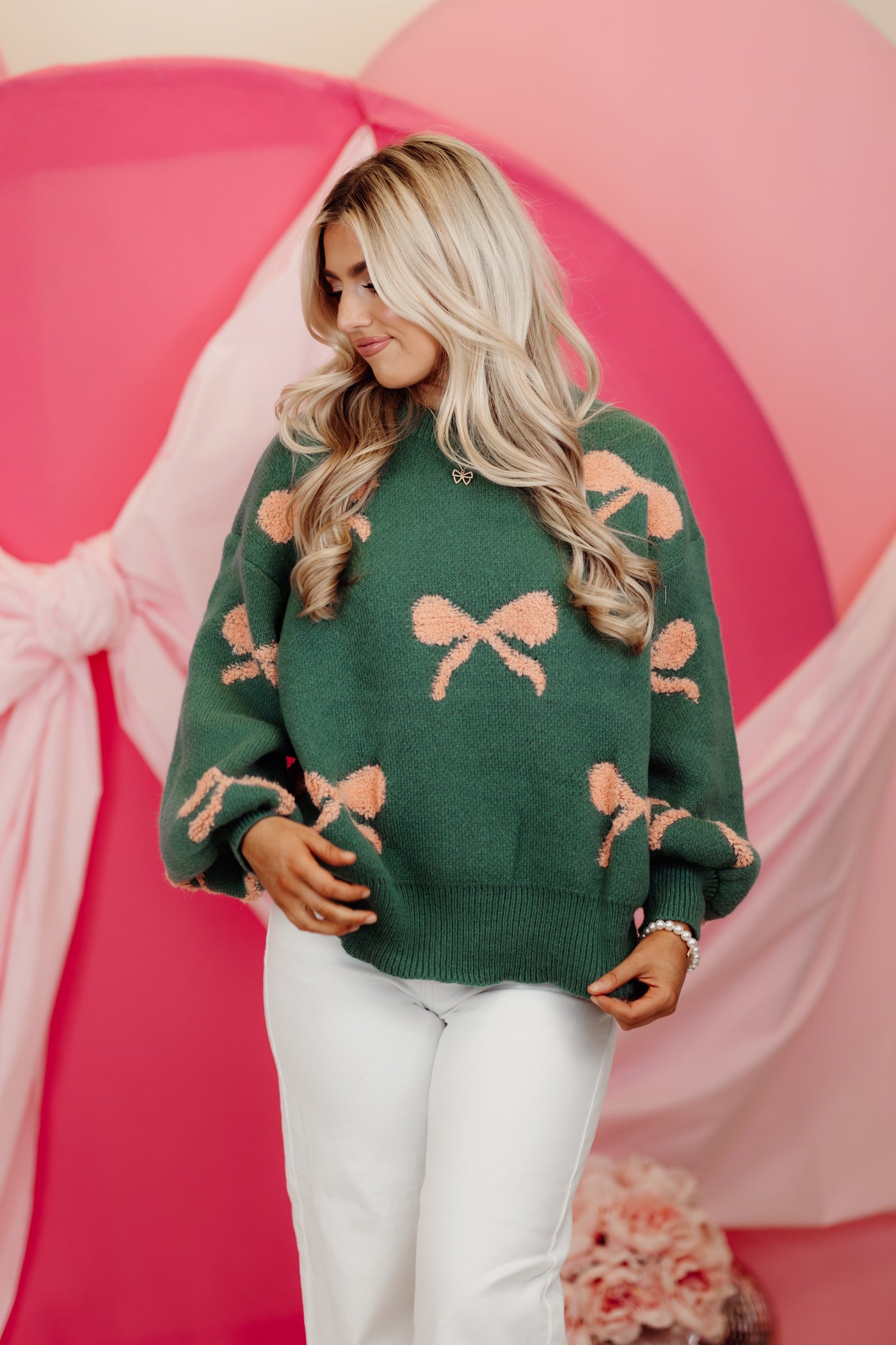 Teal and Coral  Round Neck Balloon Sleeve Bow Sweater