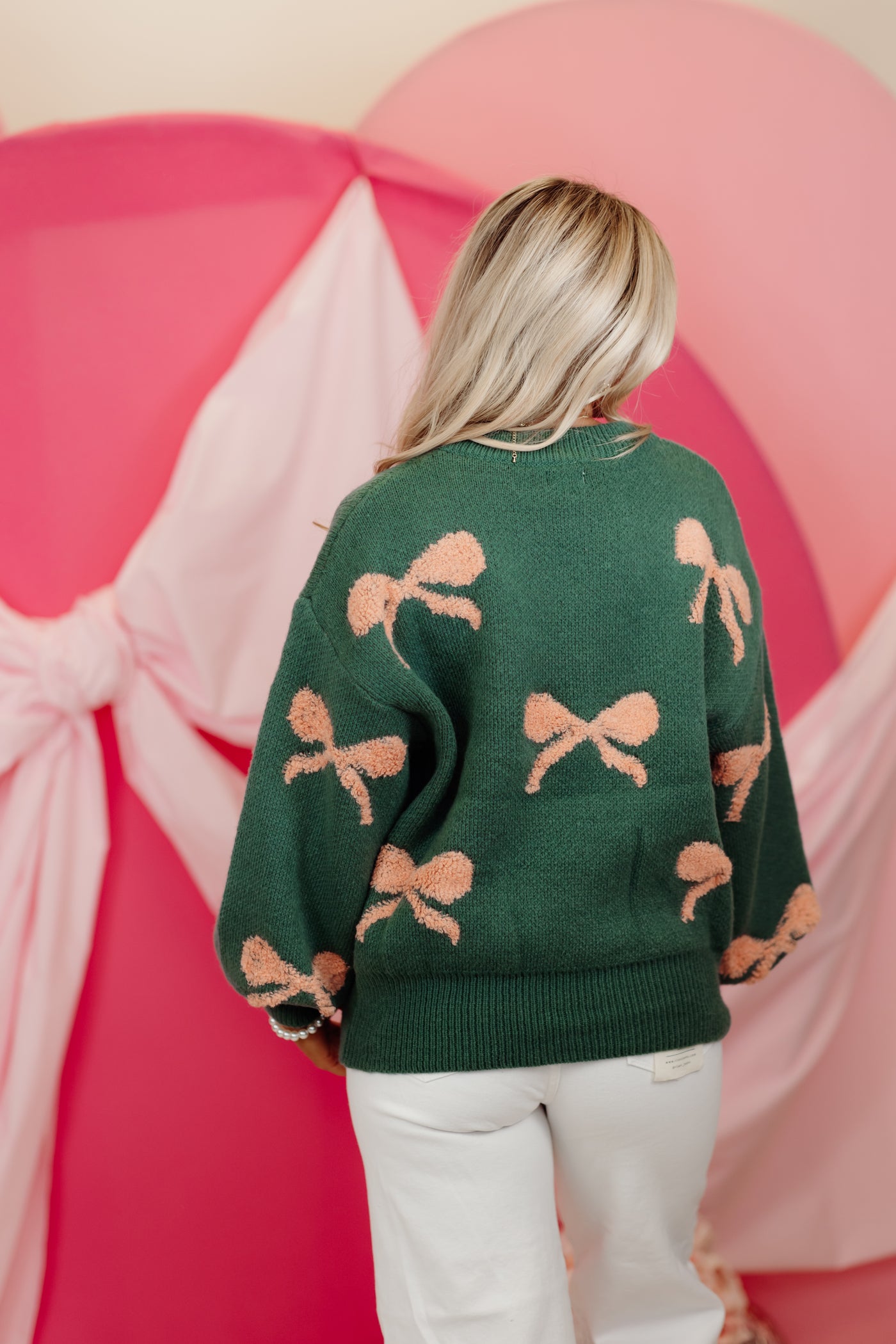 Teal and Coral  Round Neck Balloon Sleeve Bow Sweater