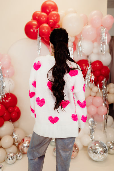 White and Pink Cozy Heart Embroidery Sweater