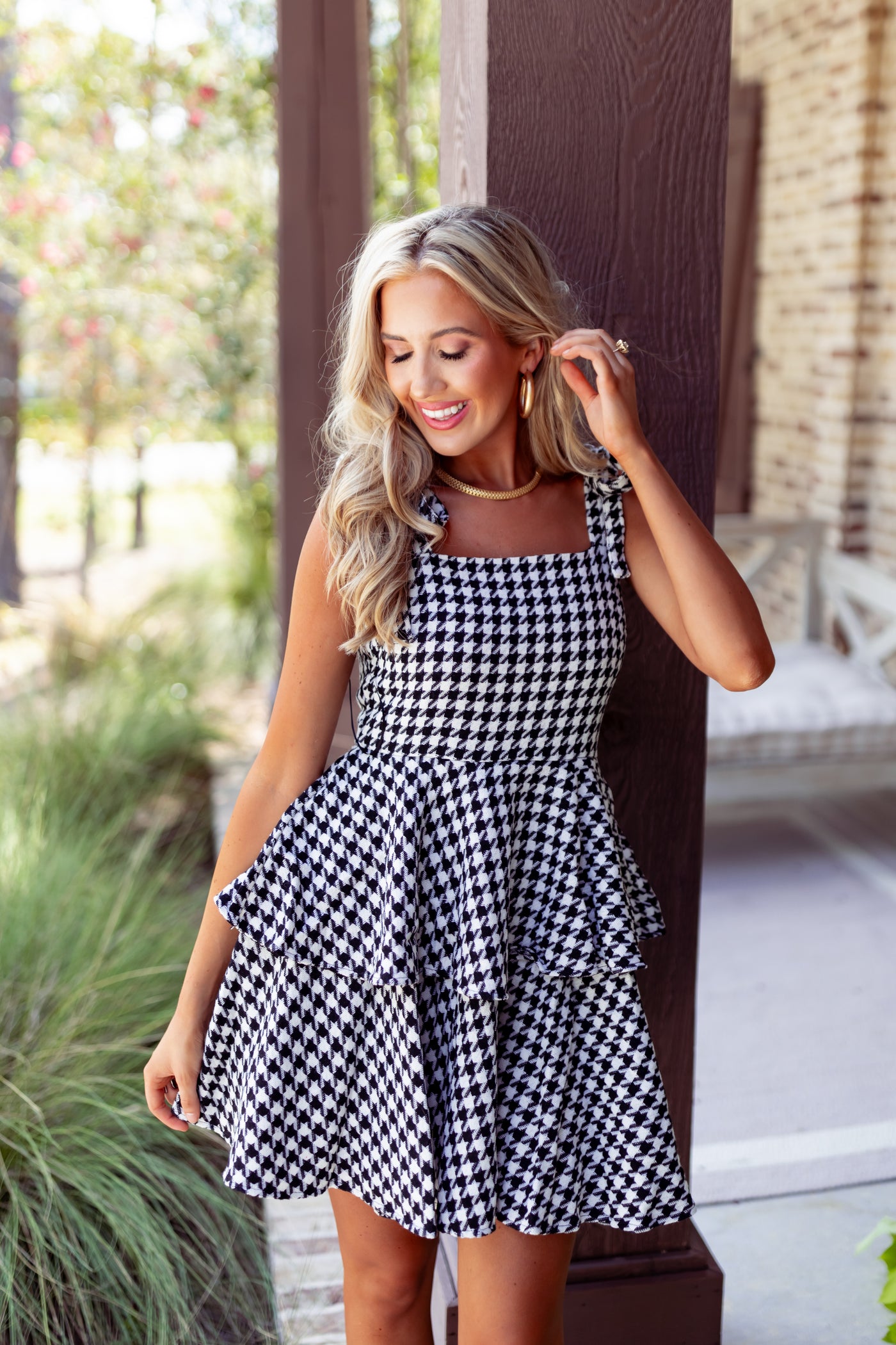 Black and White Houndstooth Tiered Dress
