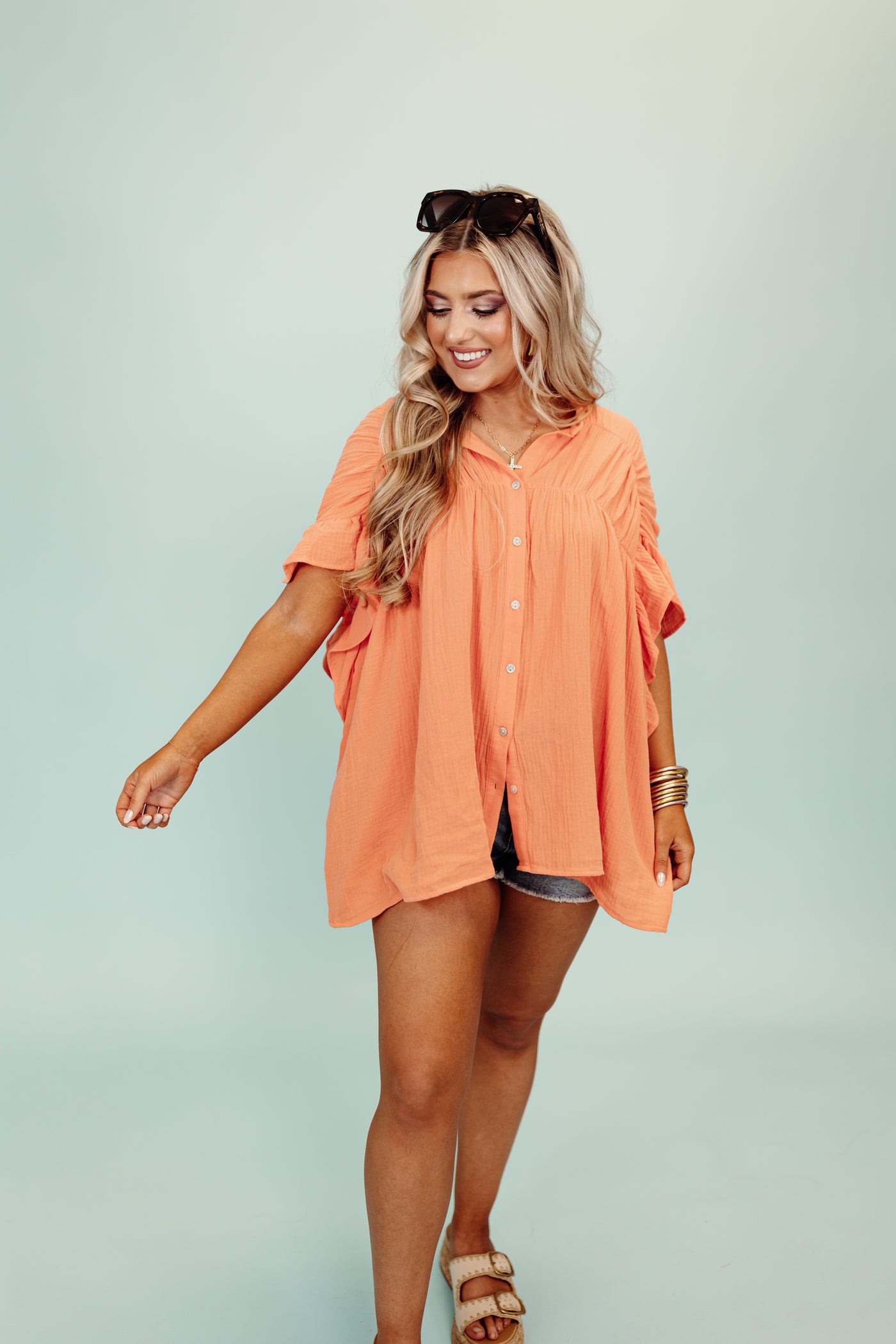 Coral Crinkle Gauze Loose Fit Button Top