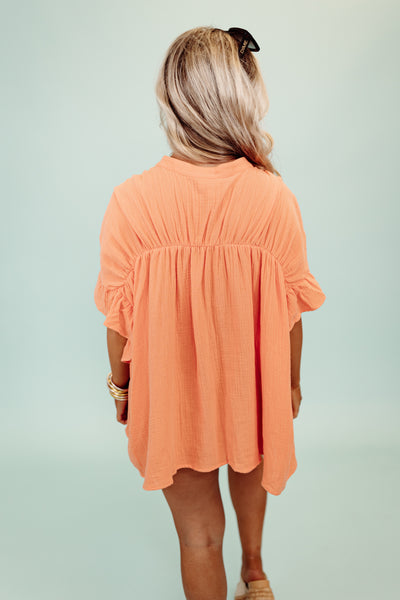 Coral Crinkle Gauze Loose Fit Button Top