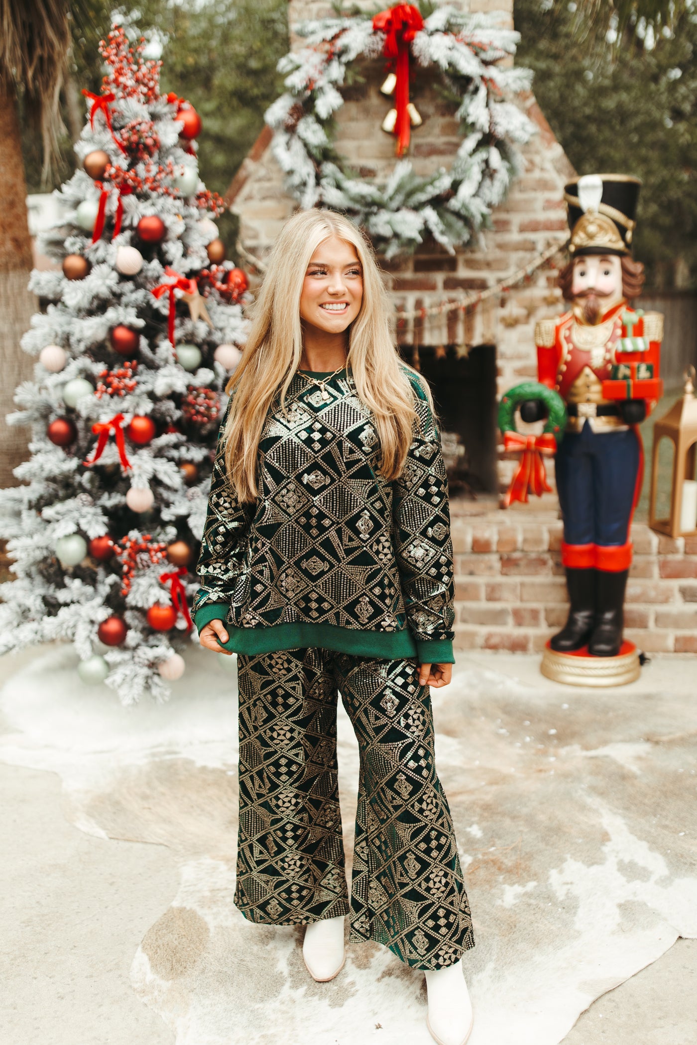 Forest and Gold Patterned Sequin Top and Pant Set