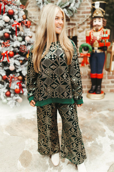 Forest and Gold Patterned Sequin Top and Pant Set