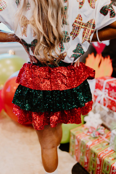 Red and Green Colorblock Sequin Tiered Skirt
