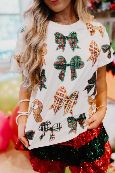 Queen Of Sparkles White Scattered Plaid Bow Tee