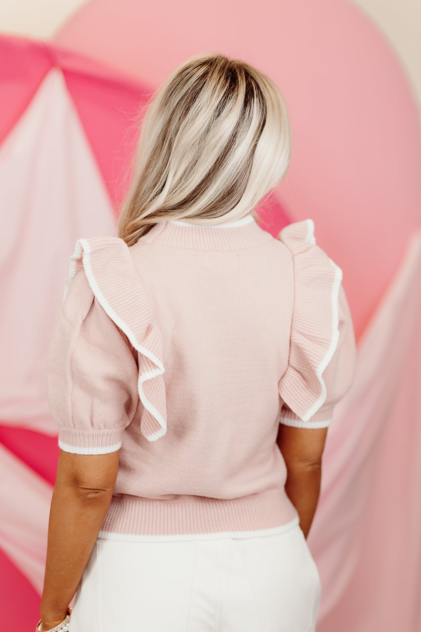 Dusty Pink Bow Detail Ruffle Puff Sleeve Sweater Top