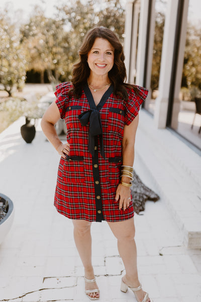 Red Plaid Button Down Tie Detail Mini Dress