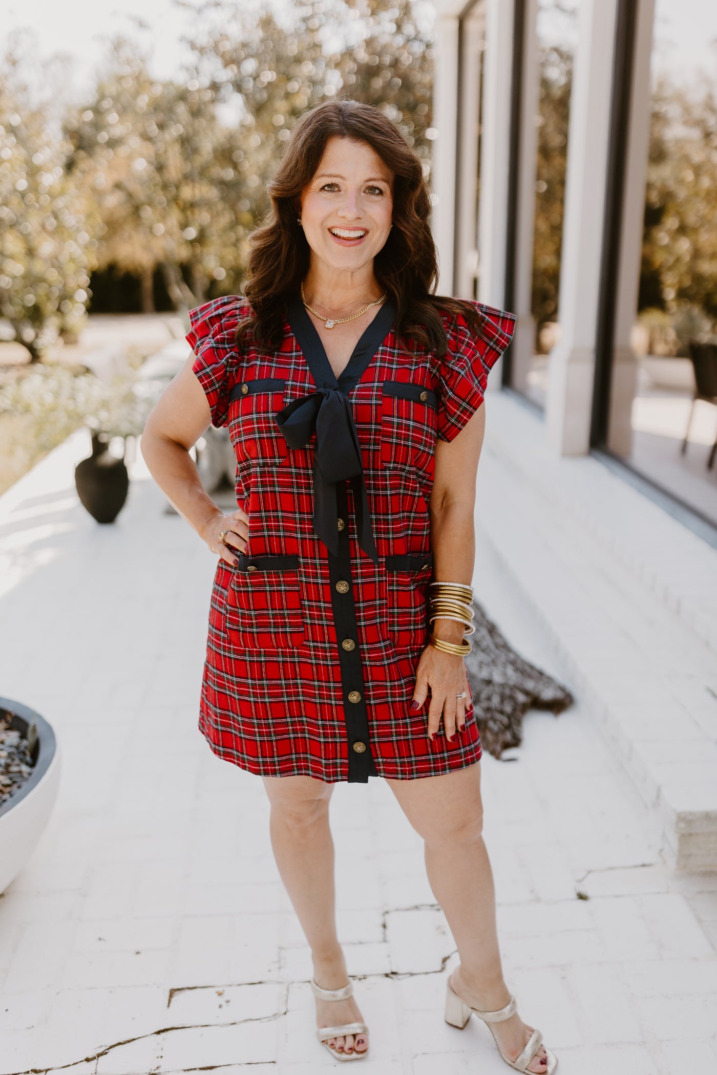 Red Plaid Button Down Tie Detail Mini Dress