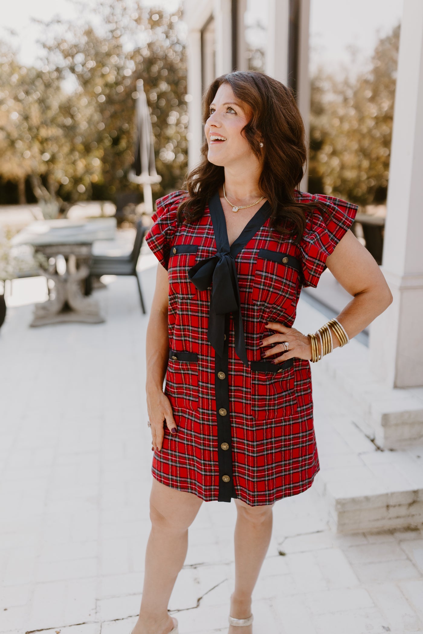 Red Plaid Button Down Tie Detail Mini Dress