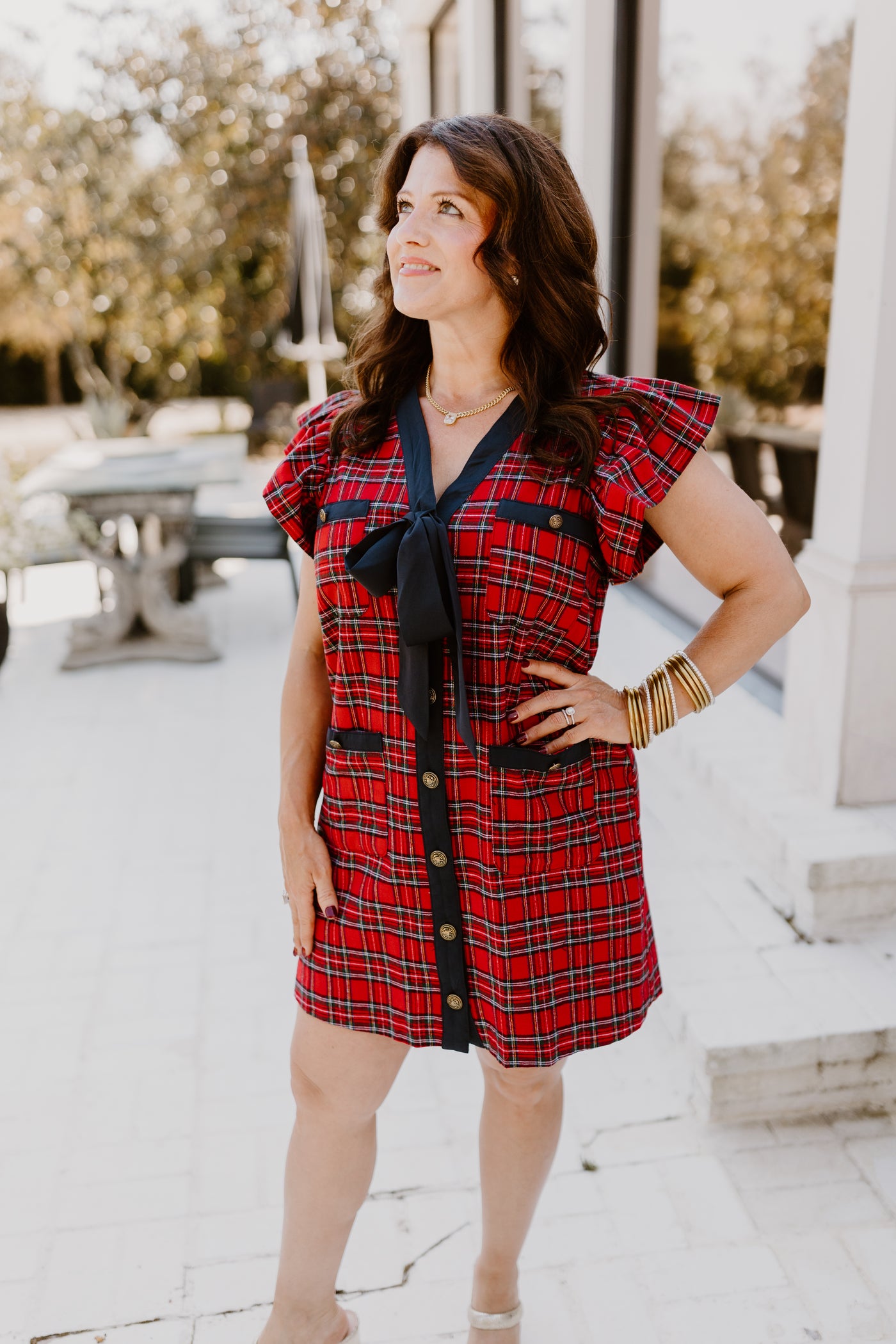 Red Plaid Button Down Tie Detail Mini Dress