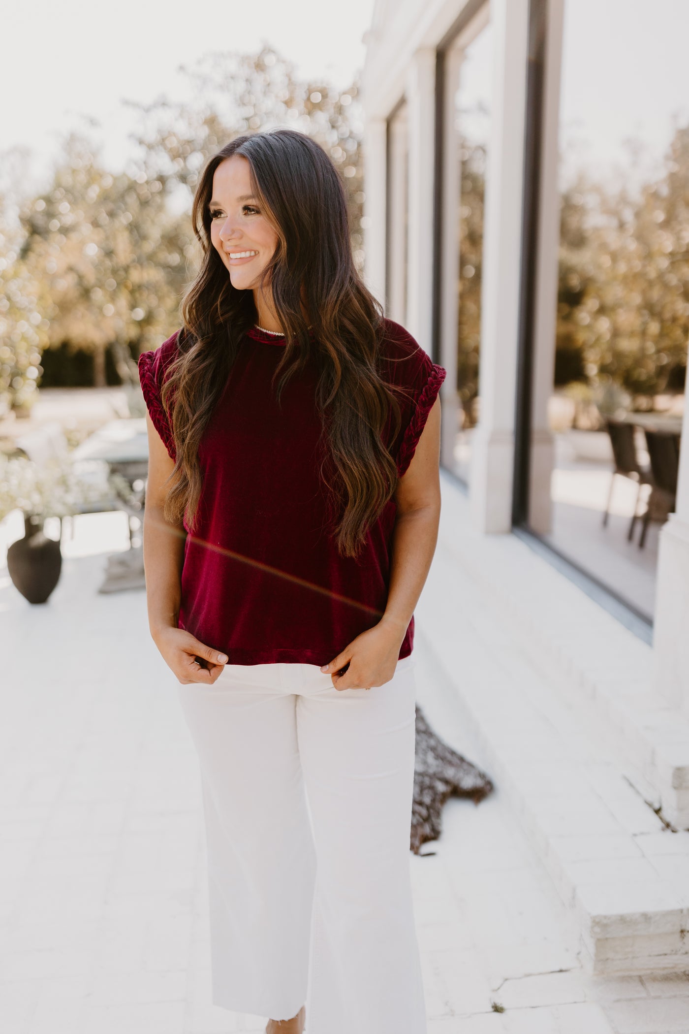 Ruby Velvet Braided Cap Sleeve Top