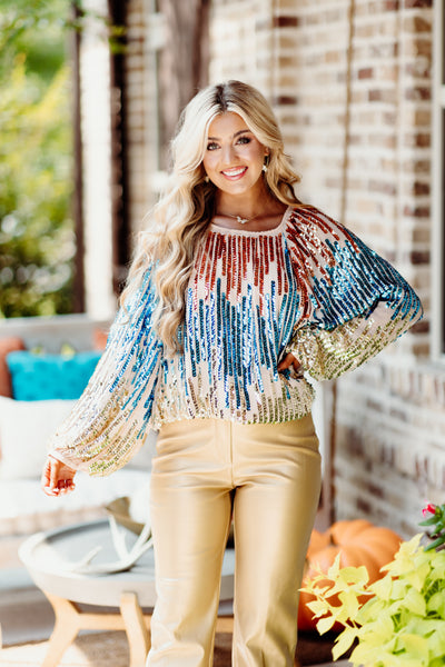 Gold Blue and Copper Sequin Top