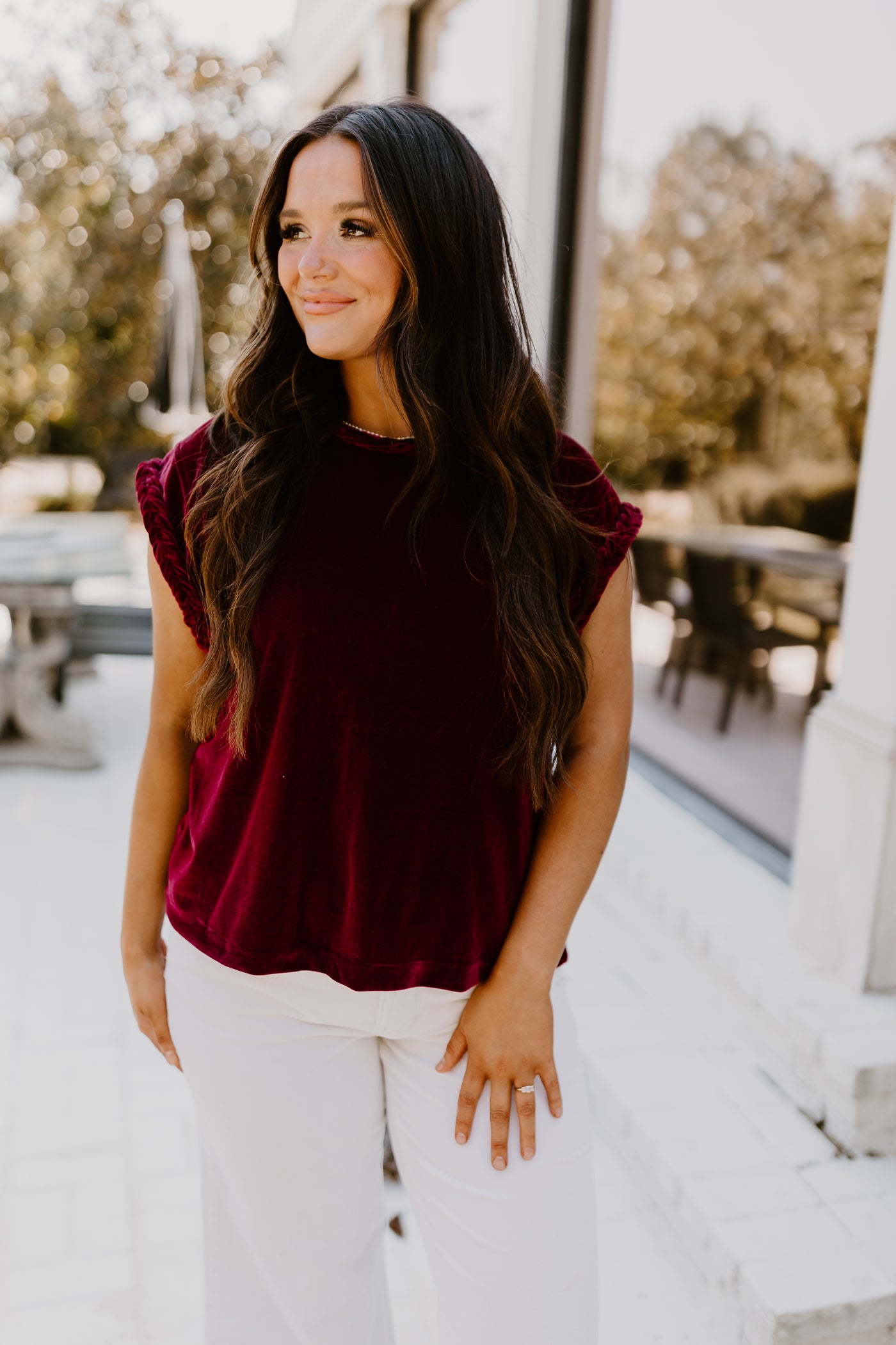 Ruby Velvet Braided Cap Sleeve Top