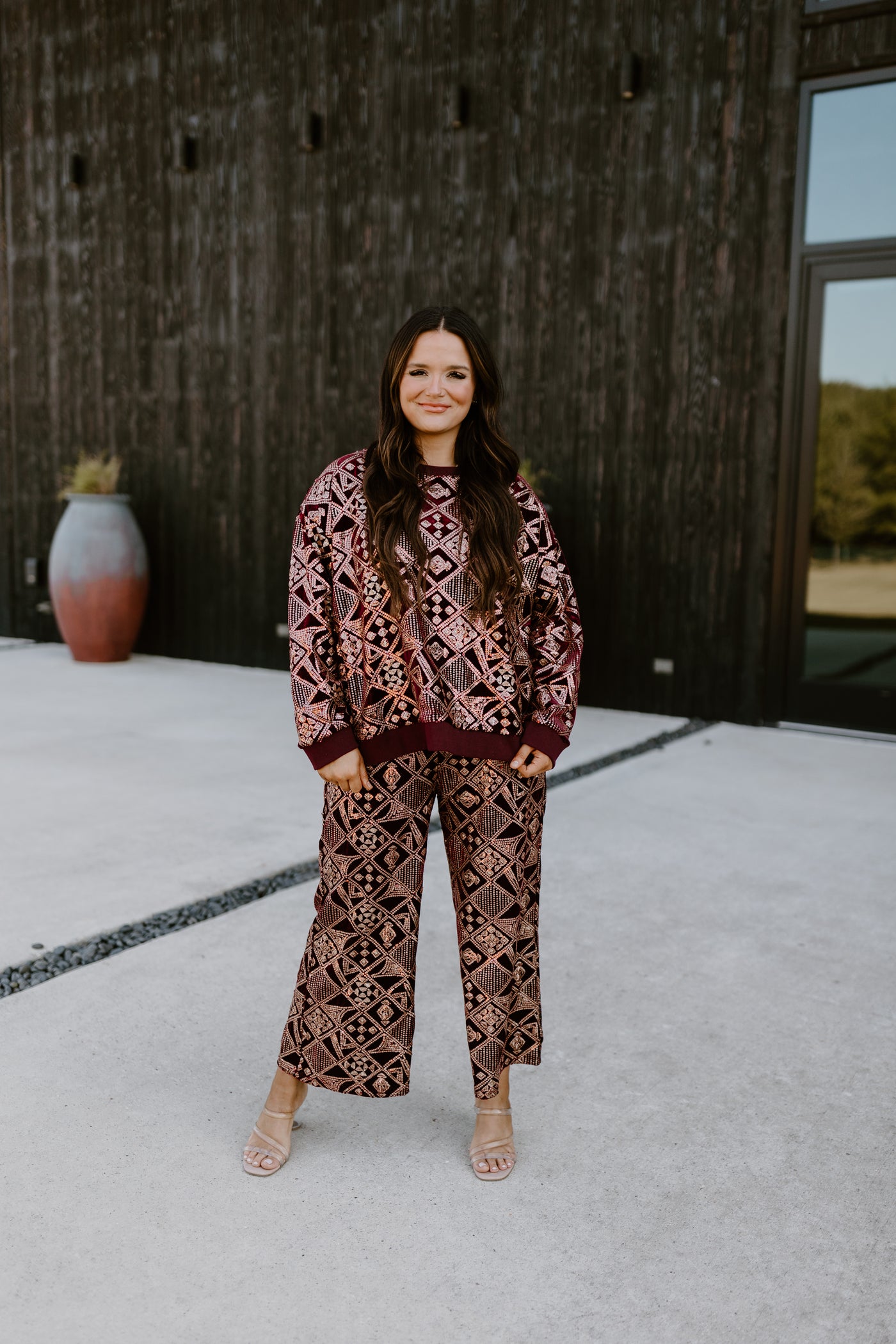 Burgundy and Gold Patterned Sequin Top and Pant Set