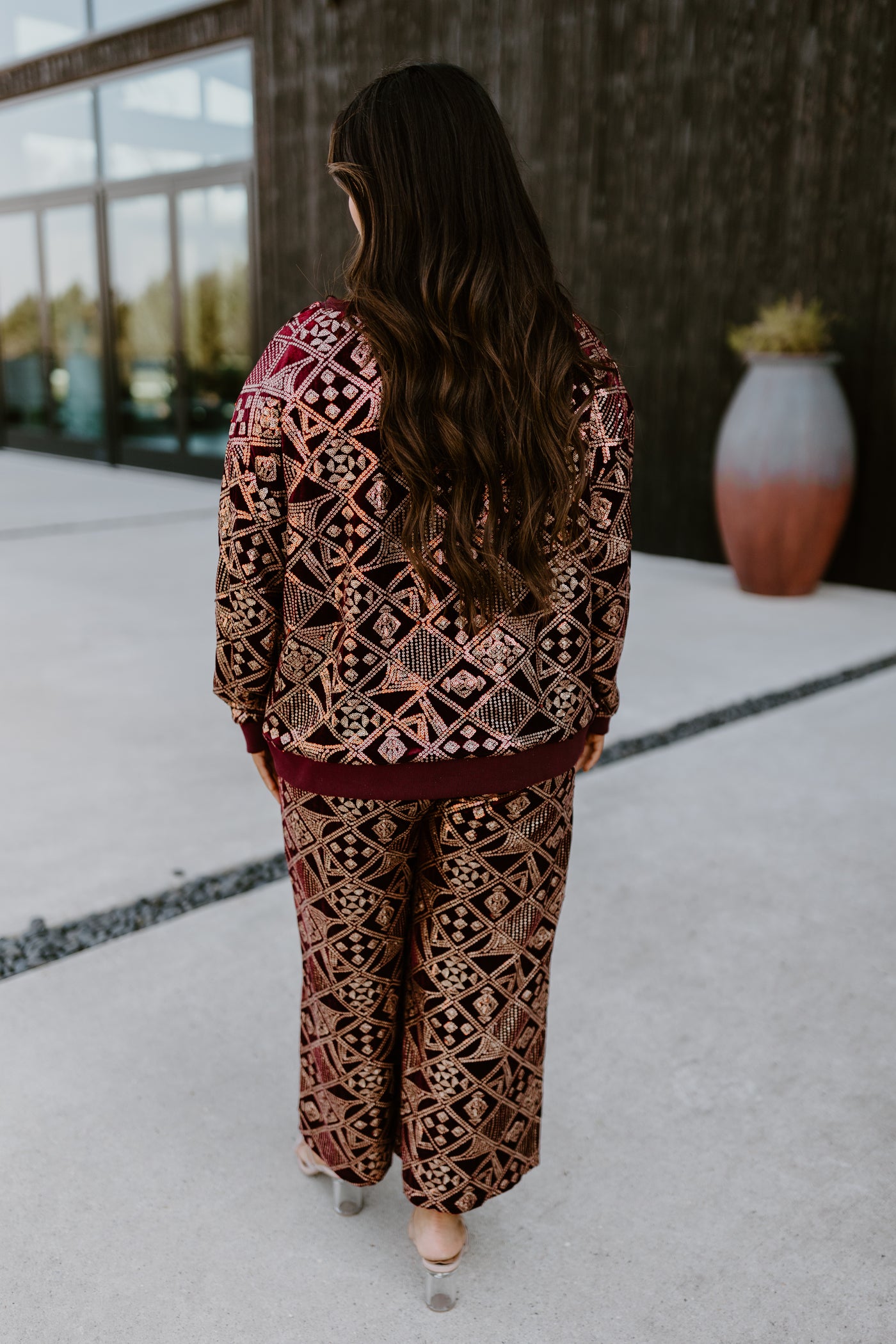 Burgundy and Gold Patterned Sequin Top and Pant Set