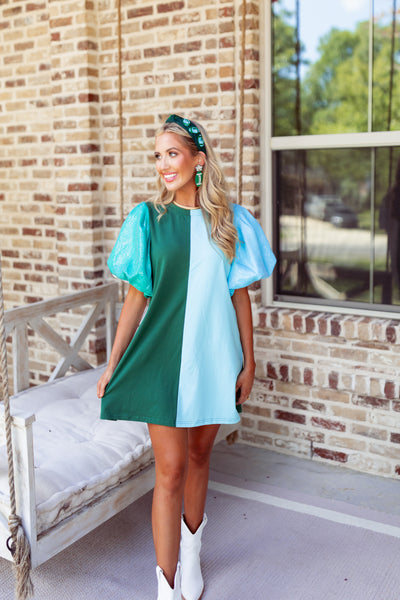 Queen Of Sparkles Green, Light Blue, & White Colorblock Sequin Sleeve Dress