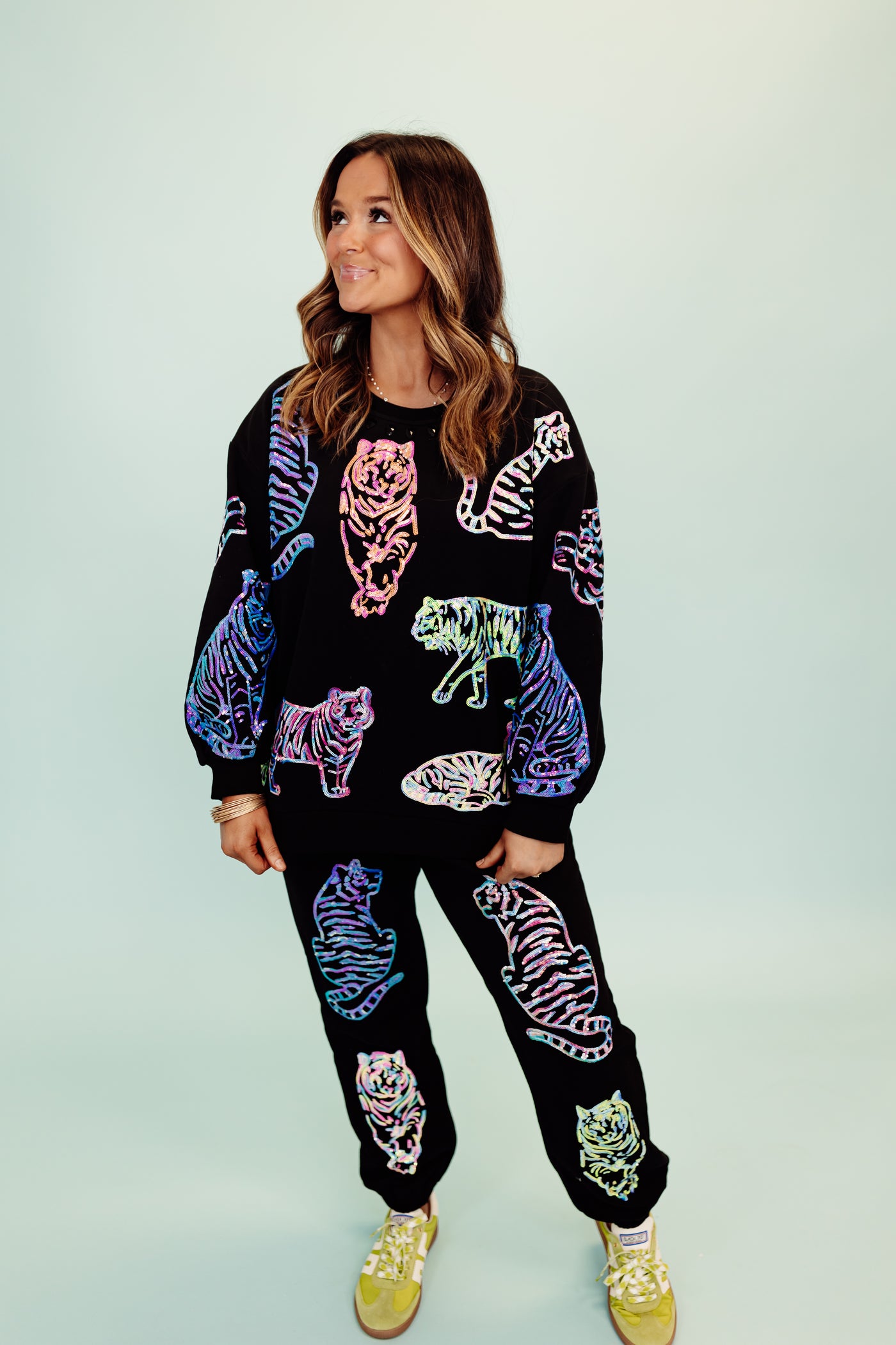 Queen of Sparkles Black Multi Outlined Tiger All Over Sweatshirt