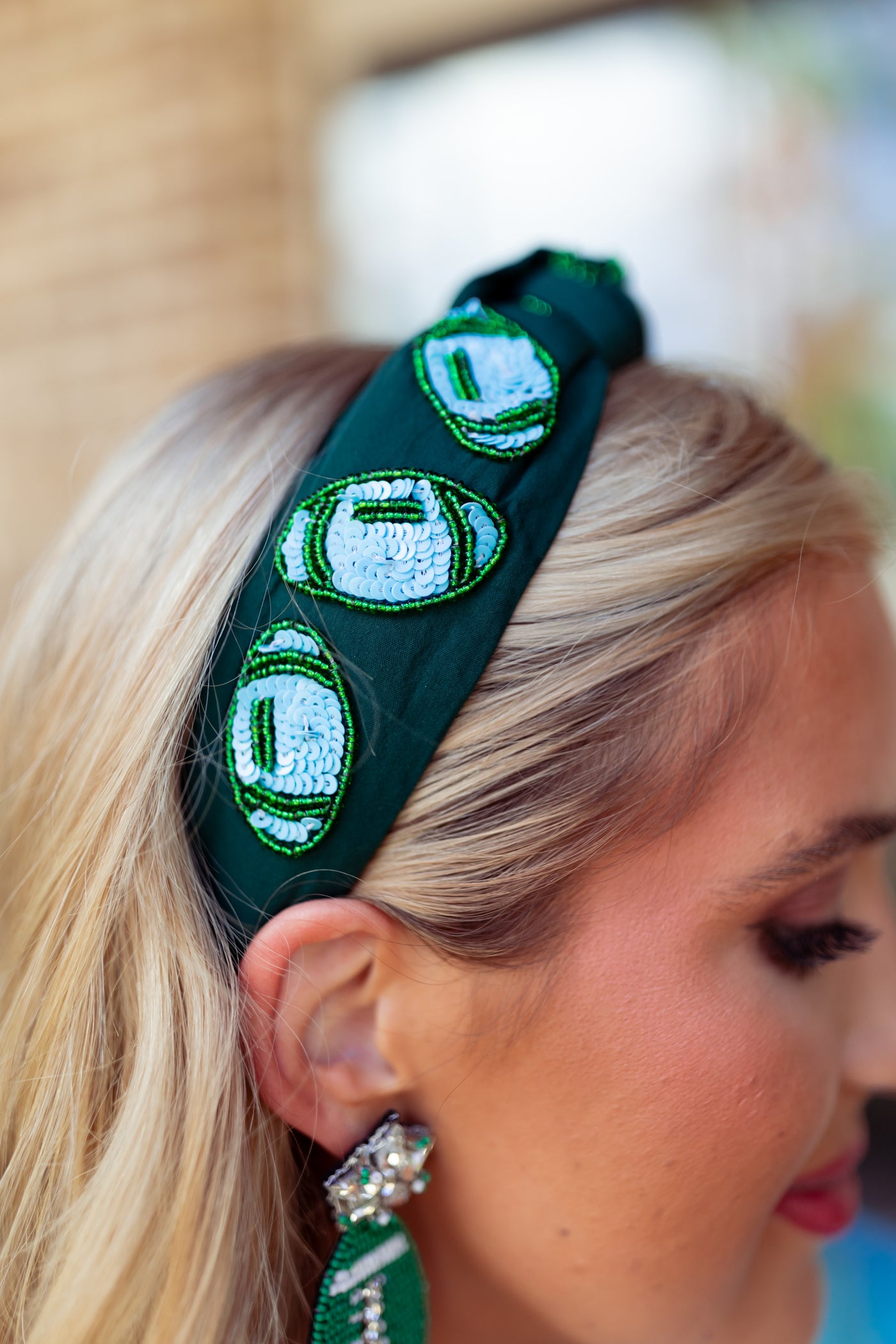 GoldenLily Green and Columbia Blue Sequin Football Headband