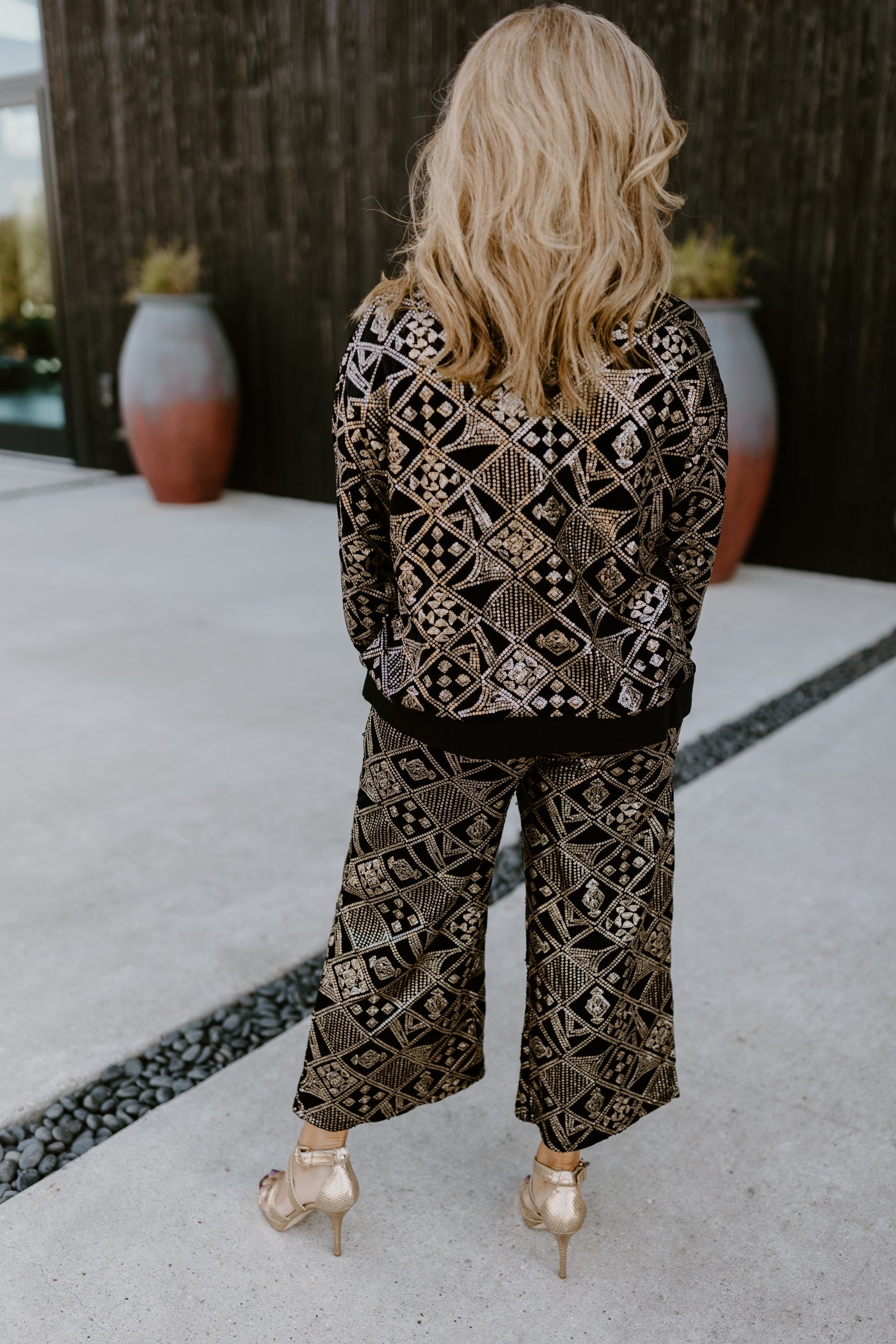 Black and Gold Patterned Sequin Top and Pant Set