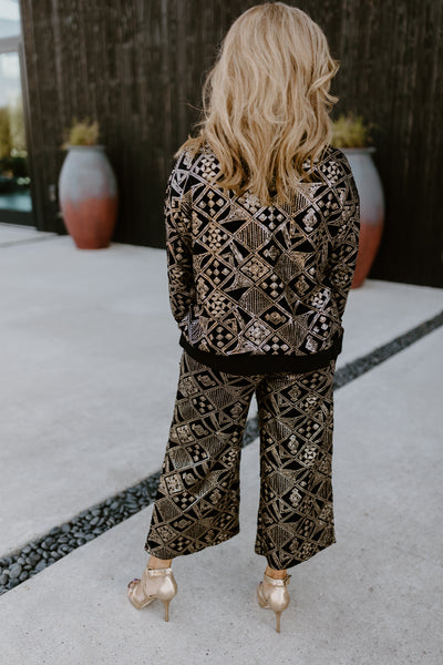 Black and Gold Patterned Sequin Top and Pant Set